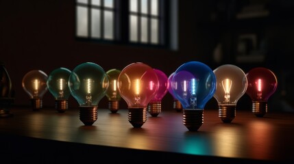 Poster - Colorful glowing bulb idea concept of leadership and idea. Generative Ai
