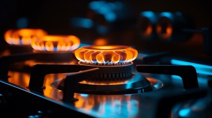 Blue flames dance on gas stove. Generative ai