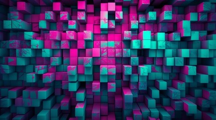Poster - Geometric neon pink teal abstract mosaic background. Generative ai
