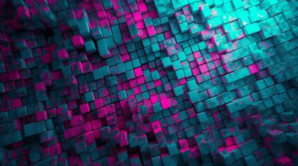 Poster - Geometric neon pink teal abstract mosaic background. Generative ai