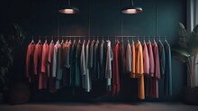 A Rack Of Clothes With A Light On It And A Lamp Above It. Fashion Background With Clothes, No People. Minimalism, Style, Fashion. Background For Websites. Generative AI.