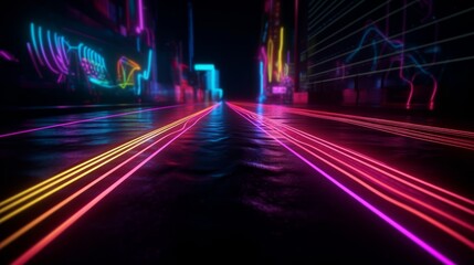 Poster - Neon color roadmap street dark background. Generative ai