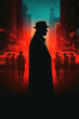 © alexkoral - silhouette of male detective spy in hat with a double exposure in night city. Cover of book thrillers of novel. Generative AI illustration
