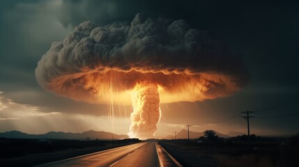 Aufkleber - Nuclear bomb explosion in nuclear war, ww3, dystopic created with generative ai technology