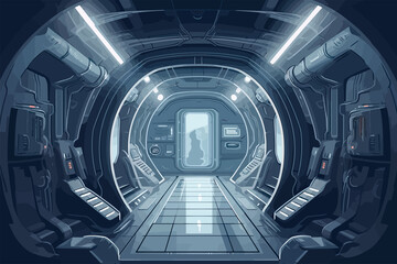 Aufkleber - Spacecraft, shuttle or ship interior flat illustration. Empty spacecraft cosmos shuttle during flight in galaxy. Generative AI