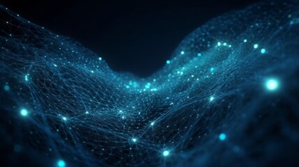 Poster - Digital dynamic cyber wave. Abstract futuristic blue background with dots and lines. Big data visualization. Generative ai