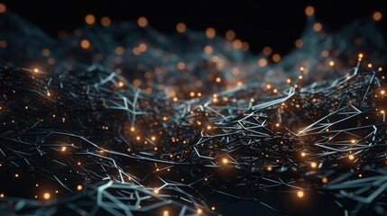 Poster - Digital dynamic cyber wave. Abstract futuristic blue background with dots and lines. Big data visualization. Generative ai