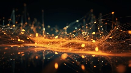 Poster - Digital dynamic cyber wave. Abstract futuristic blue background with dots and lines. Big data visualization. 3D rendering. Generative ai