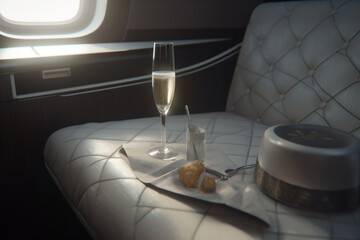 Style First Class Airplane Seat with Champagne and Blanket,  Generative AI	