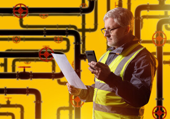 Poster - experienced man engineer. gray-haired worker near pipes. employee man is studying engineering commun