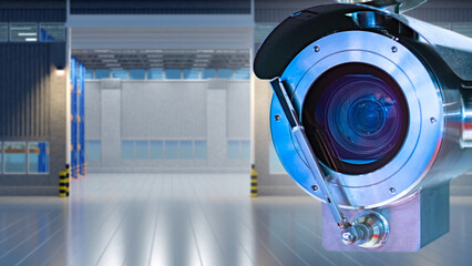Poster - Camera near gate enterprise. CCTV system. Equipment for video surveillance. Safety system. Ensuring security inside warehouse. CCTV camera in stock. Factory video surveillance. CCTV tech. 3d image