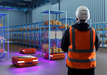 Poster - Warehouse technologist man. Robotization storage. Storage machines. Specialist oversees warehouse robots. Autonomous storage machines move racks. Warehouse robotization. Man supervisor