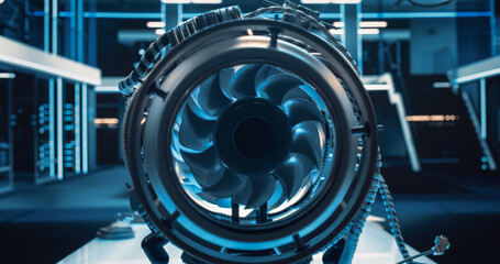 Leinwandbilder - Close Up Photo From the Inside of a Combustion Chamber of an Advanced Futuristic Turbine Engine with a Rotating Fan. Modern Industrial Jet Engine in Research and Development Facility