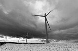 Fototapeta Londyn - windmills in a snowy field with a cloudy sky in the background