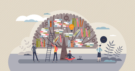 Education and access to resources and book literature tiny person concept. Library as growing knowledge tree for learning, training and personal development vector illustration. Reading and study.