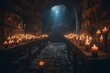 Medieval catacombs with torches, generated by AI. Nightmarish and mystical concept. Generative AI