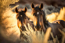 Wild Horses In Nature Under Morning Light. Created With Generative AI Technology.