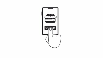 Aufkleber - Burger order mobile app bw animation. Animated choose burger delivery 2D flat monochromatic thin line first view hand. Fast food 4K video concept footage with alpha channel transparency for web design