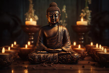 Buddha Statue In Meditation With Lotus Flower And Burning Candles
