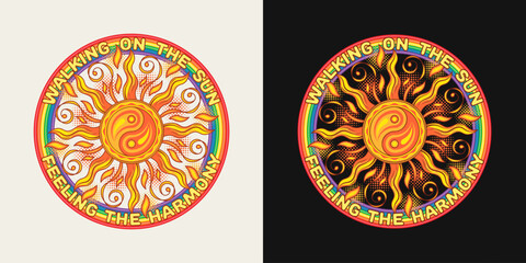 Wall Mural - Circular label with sun, ying yang symbol, rainbow, text. Concept of harmony and balance. Groovy, hippie style. For clothing, apparel, T-shirts, surface decoration
