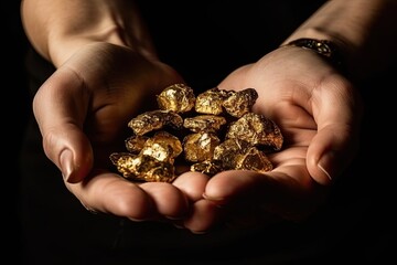 Wall Mural - A stunning close-up of raw, golden nuggets in a miner's hands, catching the light and gleaming with riches. Generative AI