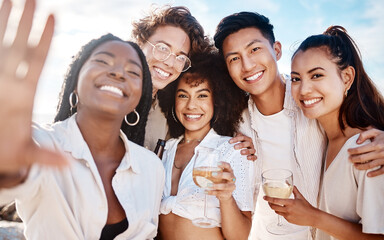 Aufkleber - Portrait of a happy group of friends talking a selfie while at the beach. Portrait of a happy group of friends talking a selfie while at the beach.