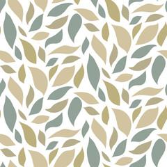 Wall Mural - Seamless pattern of colored leaves on a white background. Abstract background for fabric and paper design. Seamless pattern of smooth elements. Natural shades. Foliage abstract printing packaging