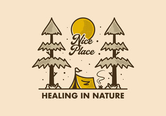 Wall Mural - vintage illustration of camping tent and two pine trees