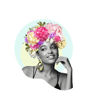 Abstract Art Collage Of A Young African Woman With Flowers On Her Head. Conceptual Fashion Art Design In A Modern Style