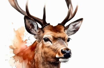 Wall Mural - Watercolor illustration of a beautiful majestic deer on white background. Generative AI.