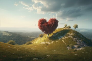 Wall Mural - Illustration of a heart-shaped tree on a hill representing love. Generative AI