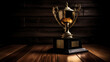 Gold trophy over wooden table and dark background, with abstract shiny lights, generative ai