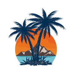 mountain and sunset logo design. sunset, mountains, palm trees and beach.