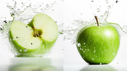 Wall Mural - Fresh green apple and splash of water on isolated white background, generative ai