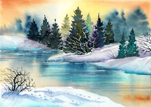 Watercolor Illustration Of A Calm Winter Lake With Fir Trees On The Horizon Growing On Snow-covered River Banks