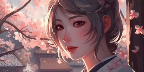 Wall Mural - portrait of a girl with hair, portrait of a girl, beautiful anime girl with Focus on her beautiful eyes, close-up shot, walk among the cherry blossoms, wallpaper, Generative AI