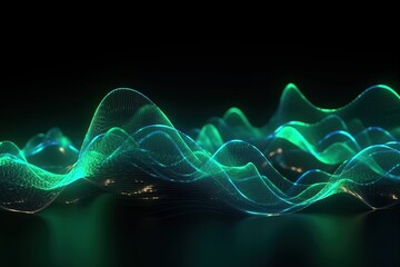 Wall Mural - abstract futuristic background with green blue glowing neon moving high speed wave lines and bokeh lights. Data transfer concept Fantastic wallpaper, Ai Generative