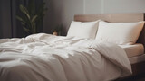 Fototapeta  - Comfortable bed with soft white mattress, blanket, generative ai