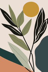 Wall Mural - Abstract background with leaves and sun. Minimalist vector illustration.