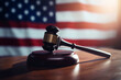 A judges gavel hammer with an American flag. USA law and order. Generative ai