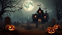  Spooky Halloween Scene With Jack - O' - Lanterns And A Haunted House, Generative Ai