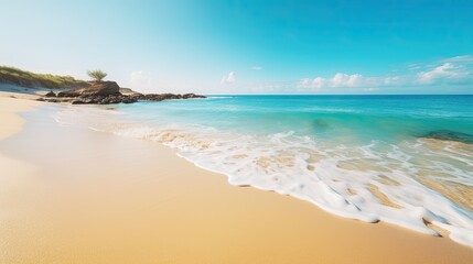 Poster -  Serene beach scene with crystal clear water and golden sand, generative ai