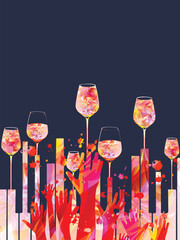 Piano keyboard with wine glasses and hands on dark background. Vector. Bar or restaurant poster for a cocktail party with live music. Party-fiesta invitation flyer. Design for events and celebrations