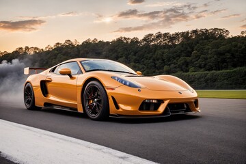 Wall Mural - Sport car on the race track during sunset. Action shot 