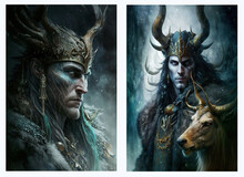 Scandinavian Mythological God Loki Set.  Created With Generative AI Technology.	