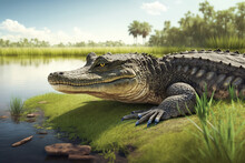 Alligator Animal River Site On Grass Beside Lake Wallpaper Hd AI Generated Image
