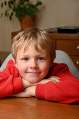 young child smiling with a red sweater;