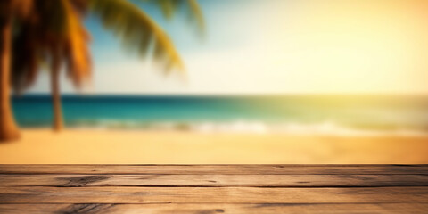 Wall Mural - Empty wooden table on a beautiful blured tropical beach background. generative ai. Summer holiday background for product display