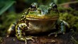 A green frog with a wide grin and a spotted belly. AI generated