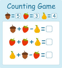 Educational Kids game. Math education. Addition and subtraction. Worksheet for preschool and school children. Calculate and write the numbers. 